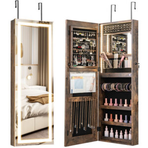 42.5 Inches Lockable Jewelry Mirror Wall Cabinet with 3-Color LED Lights-Rustic Brown - Color: Rustic Brown