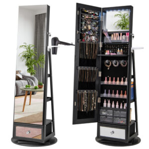 Lockable 360?° Swivel Jewelry Cabinet with Full-Length Mirror LED Lights-Black - Color: Black