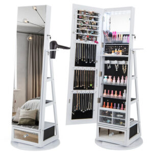 Lockable 360?° Swivel Jewelry Cabinet with Full-Length Mirror LED Lights-White - Color: White