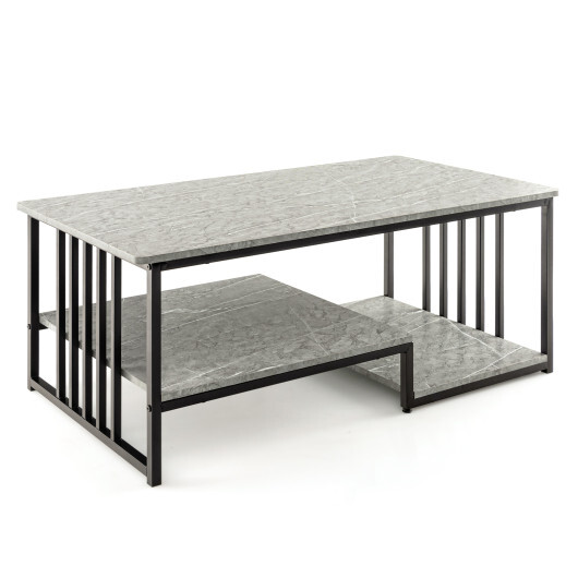 Faux Marble Coffee Table with Open Storage Shelf-Gray - Color: Gray
