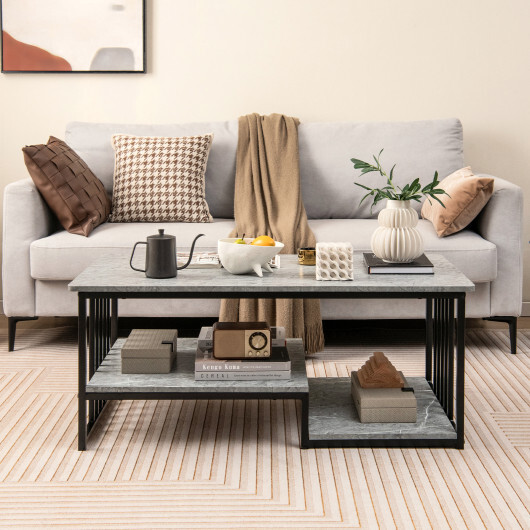 Faux Marble Coffee Table with Open Storage Shelf-Gray - Color: Gray - Image 3