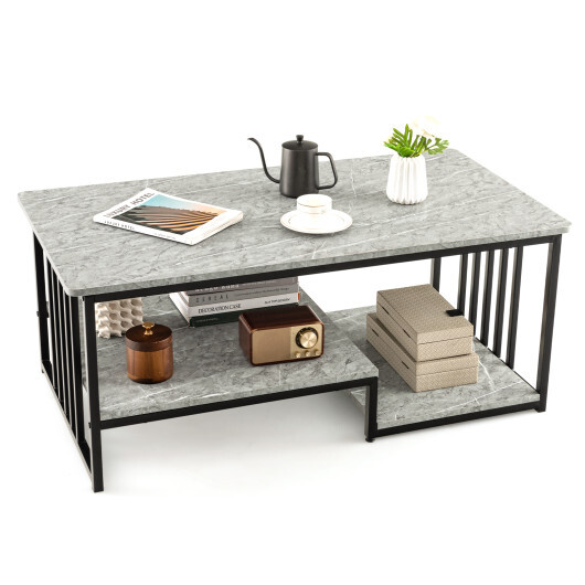 Faux Marble Coffee Table with Open Storage Shelf-Gray - Color: Gray - Image 4