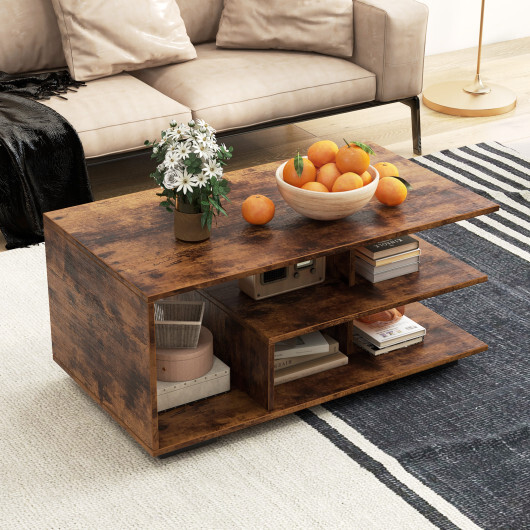Rectangular Coffee Table with L-shaped Middle Shelf-Brown - Color: Brown - Image 2