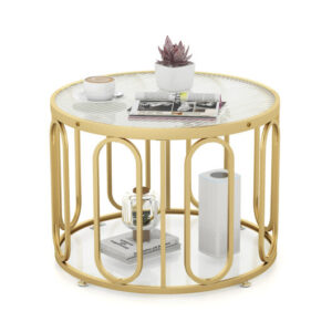 24 Inch Round Coffee Table with Reeded Tempered Glass Top and Oval Swivel Brackets-Golden - Color: Golden - Size: 24 inches