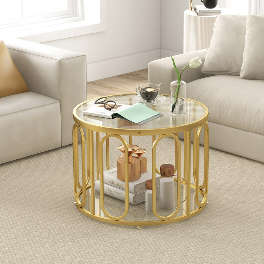 24 Inch Round Coffee Table with Reeded Tempered Glass Top and Oval Swivel Brackets-Golden - Color: Golden - Size: 24 inches - Image 2