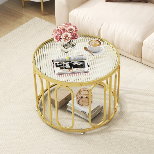 24 Inch Round Coffee Table with Reeded Tempered Glass Top and Oval Swivel Brackets-Golden - Color: Golden - Size: 24 inches - Image 3