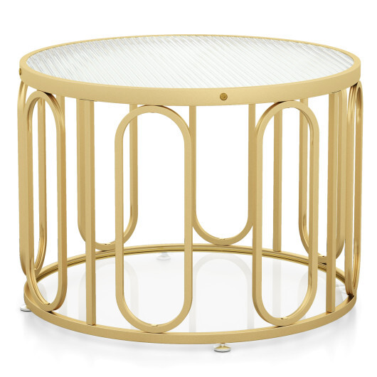 24 Inch Round Coffee Table with Reeded Tempered Glass Top and Oval Swivel Brackets-Golden - Color: Golden - Size: 24 inches - Image 4