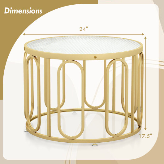 24 Inch Round Coffee Table with Reeded Tempered Glass Top and Oval Swivel Brackets-Golden - Color: Golden - Size: 24 inches - Image 5