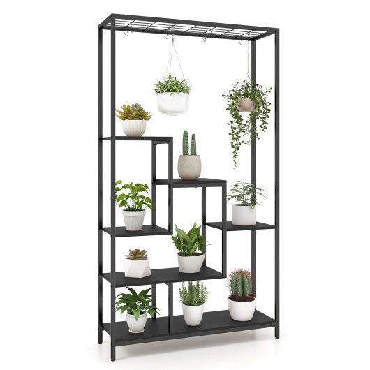 6-Tier Tall Plant Stand 71 Inch Metal Indoor Plant Shelf with 10 Hanging Hooks-Black - Color: Black