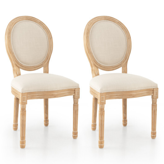 Rubber Wood Kitchen French Dining Chair Set of 2 with Sponge Padding and Round Backrest-Beige - Color: Beige