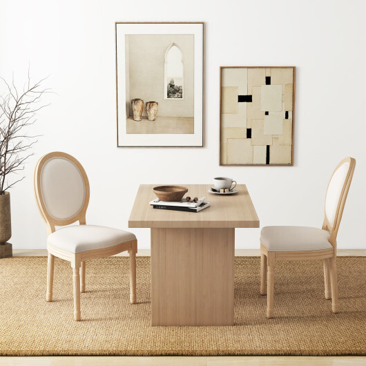 Rubber Wood Kitchen French Dining Chair Set of 2 with Sponge Padding and Round Backrest-Beige - Color: Beige - Image 2