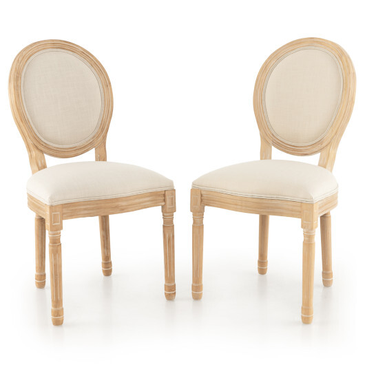 Rubber Wood Kitchen French Dining Chair Set of 2 with Sponge Padding and Round Backrest-Beige - Color: Beige - Image 3