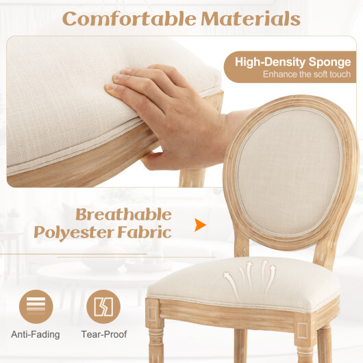 Rubber Wood Kitchen French Dining Chair Set of 2 with Sponge Padding and Round Backrest-Beige - Color: Beige - Image 5