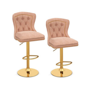 Set of 2 Bar Chairs with Footrest  Electroplated Metal Base and Anti-Slip Ring-Pink - Color: Pink
