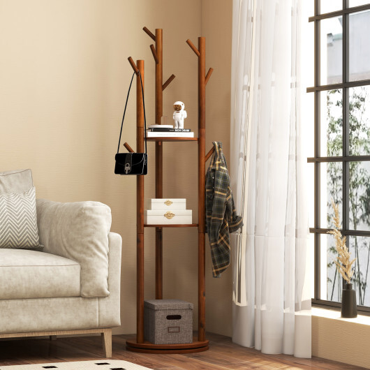 Freestanding Wooden Coat Tree with 3 Display Storage Shelves and 9 Hooks - Image 2