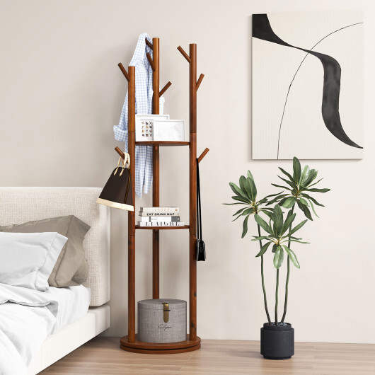 Freestanding Wooden Coat Tree with 3 Display Storage Shelves and 9 Hooks - Image 3