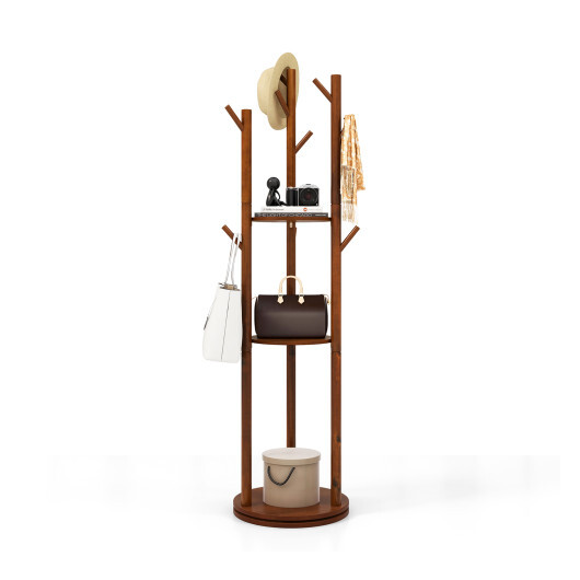 Freestanding Wooden Coat Tree with 3 Display Storage Shelves and 9 Hooks - Image 4