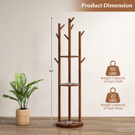 Freestanding Wooden Coat Tree with 3 Display Storage Shelves and 9 Hooks - Image 5