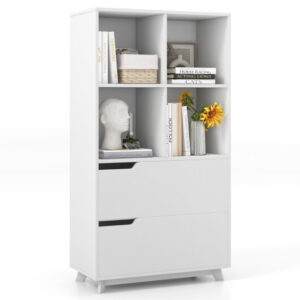 4-Tier Open Bookcase with 2 Drawers and 4 Storage Cubes-White - Color: White