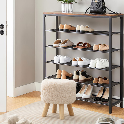 Round Footstool Ottoman Faux Fur Footrest with Padded Seat and Rubber Wood Legs-White - Color: White - Image 3