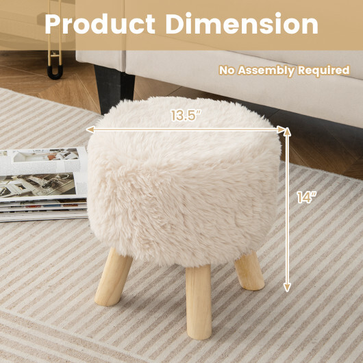 Round Footstool Ottoman Faux Fur Footrest with Padded Seat and Rubber Wood Legs-White - Color: White - Image 4