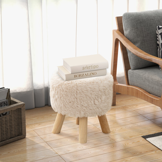 Round Footstool Ottoman Faux Fur Footrest with Padded Seat and Rubber Wood Legs-White - Color: White - Image 5