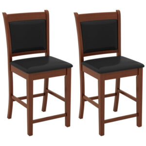 Upholstered Counter Stool Set of 2 with Solid Rubber Wood Frame-Brown - Color: Brown