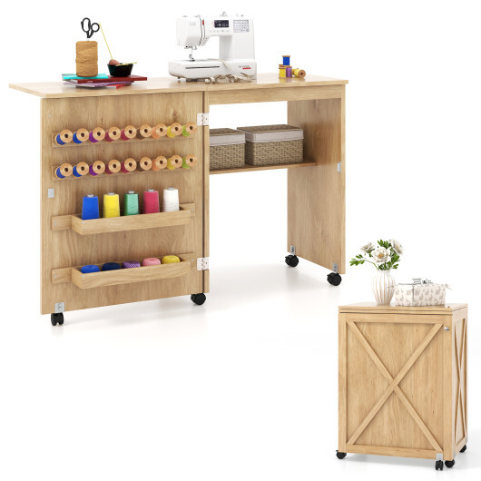 Folding Sewing Table with Storage Shelf and 5 Lockable Wheels-Natural - Color: Natural - Image 4