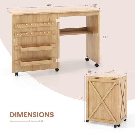 Folding Sewing Table with Storage Shelf and 5 Lockable Wheels-Natural - Color: Natural - Image 5