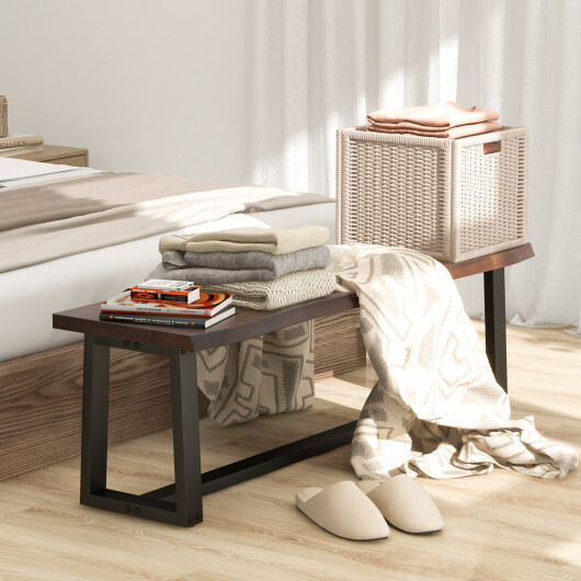 56.5 Inches Wood Dining Bench with Wavy Edge and Adjustable Footpads-Coffee - Color: Coffee - Image 2