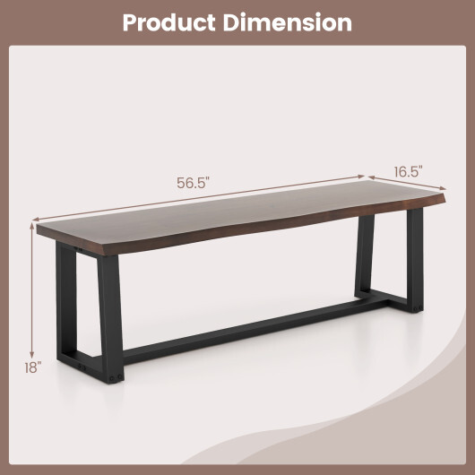 56.5 Inches Wood Dining Bench with Wavy Edge and Adjustable Footpads-Coffee - Color: Coffee - Image 4