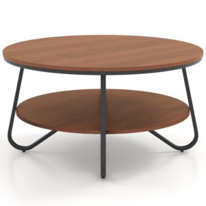 33.5 Inch Round Coffee Table with Wood Grain Finish and Heavy-duty Metal Frame-Walnut - Color: Walnut