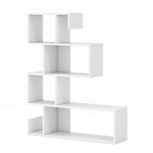 5-Tier S-Shaped Bookshelf Geometric Z-Shelf Bookcase with Open Cubes-White - Color: White