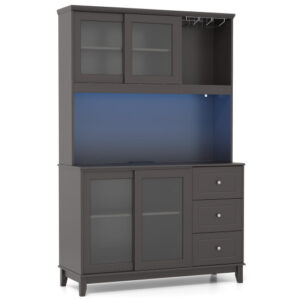 Kitchen Pantry Storage Cabinet Kitchen Hutch with LED lights and Power Outlet-Dark Brown - Color: Dark Brown