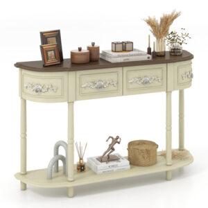 Retro Curved Console Table with Drawers and Solid Wood Legs-Beige - Color: Beige