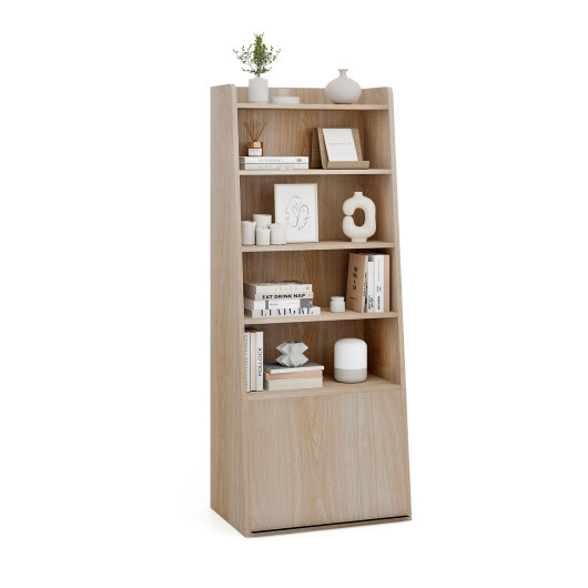 6-Tier Bookcase Freestanding Ladder Bookshelf with 2 Adjustable Shelves and Flip Up Door-Natural - Color: Natural