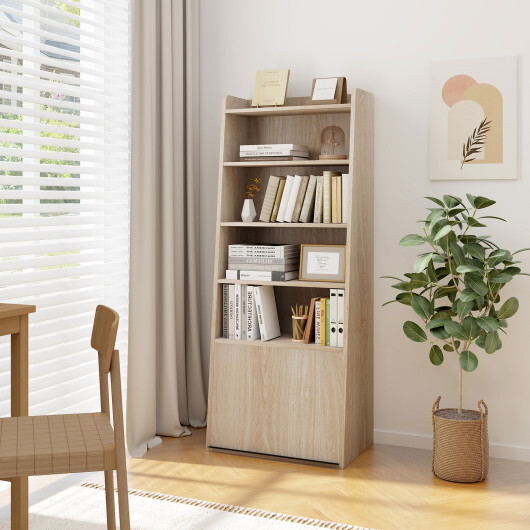 6-Tier Bookcase Freestanding Ladder Bookshelf with 2 Adjustable Shelves and Flip Up Door-Natural - Color: Natural - Image 2