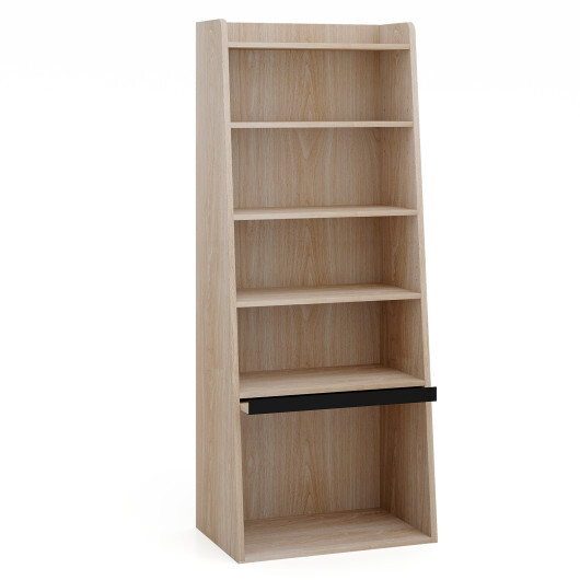 6-Tier Bookcase Freestanding Ladder Bookshelf with 2 Adjustable Shelves and Flip Up Door-Natural - Color: Natural - Image 4