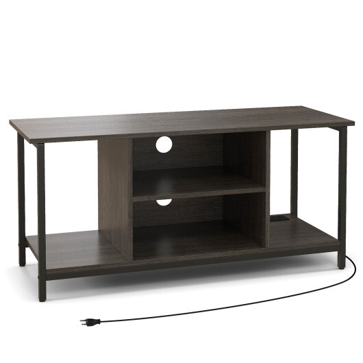 3-Tier TV Stand with Power Outlet USB and Adjustable Shelf-Gray - Color: Gray - Image 4