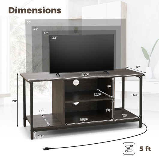 3-Tier TV Stand with Power Outlet USB and Adjustable Shelf-Gray - Color: Gray - Image 5