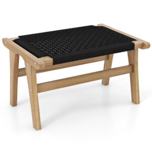 Indoor Outdoor Ottoman Footstool Teak Wooden Foot Rest with Handwoven Cordage - Color: Natural & Black