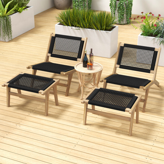 Indoor Outdoor Ottoman Footstool Teak Wooden Foot Rest with Handwoven Cordage - Color: Natural & Black - Image 3