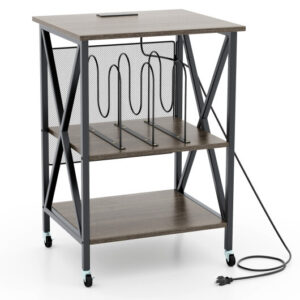 Mid-Century Record Player Stand with Built-in Charging Station-Gray - Color: Gray