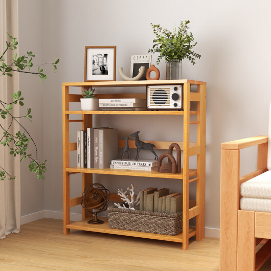 4-Tier Bookshelf Rubber Wood Bookcase with Side Fences for Living Room-29.5 inches - Color: Natural - Size: 29.5 inches - Image 2