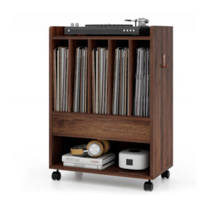 Record Rolling Turntable Player Stand with Drawer-Brown - Color: Brown