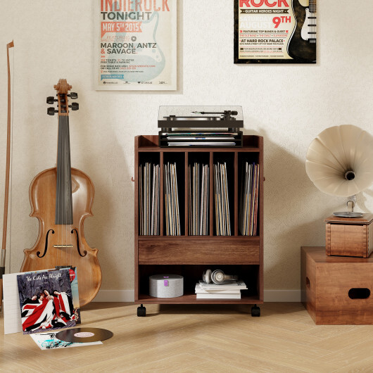 Record Rolling Turntable Player Stand with Drawer-Brown - Color: Brown - Image 3