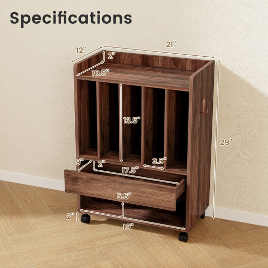 Record Rolling Turntable Player Stand with Drawer-Brown - Color: Brown - Image 5