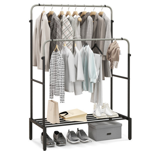 Double Rod Clothes Garment Rack with Adjustable Heights-Silver - Color: Silver - Image 4
