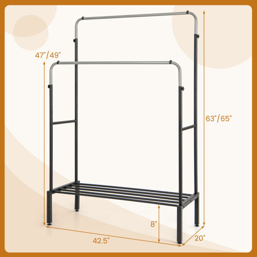 Double Rod Clothes Garment Rack with Adjustable Heights-Silver - Color: Silver - Image 5