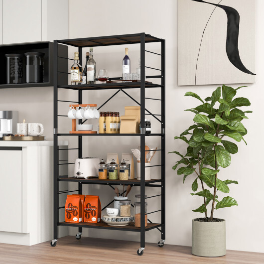 5-Tier Foldable Shelving Unit with Detachable Wheels and Anti-Toppling System-Black - Color: Black - Image 2